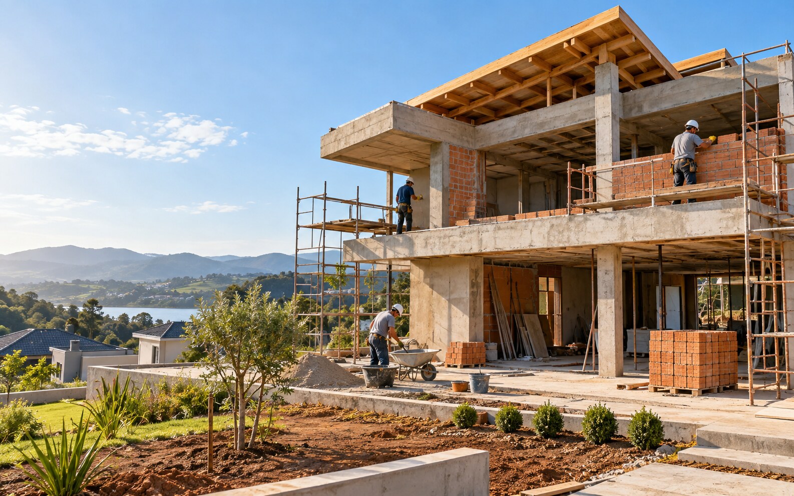 Residência em fase de construção em imagem conceitual, não referente a uma obra específica.