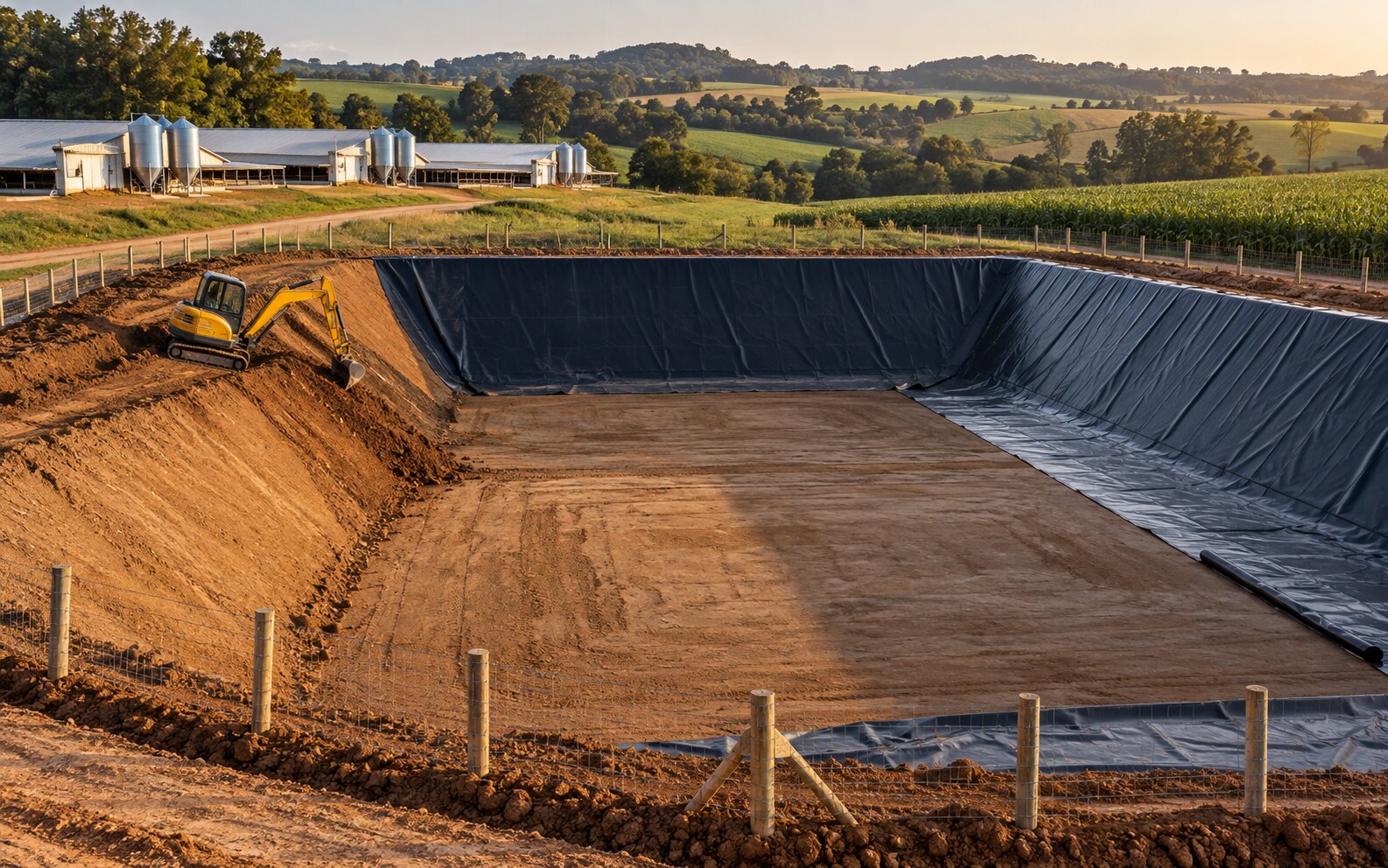Esterqueira em implantação rural em imagem conceitual, não referente a uma obra específica.