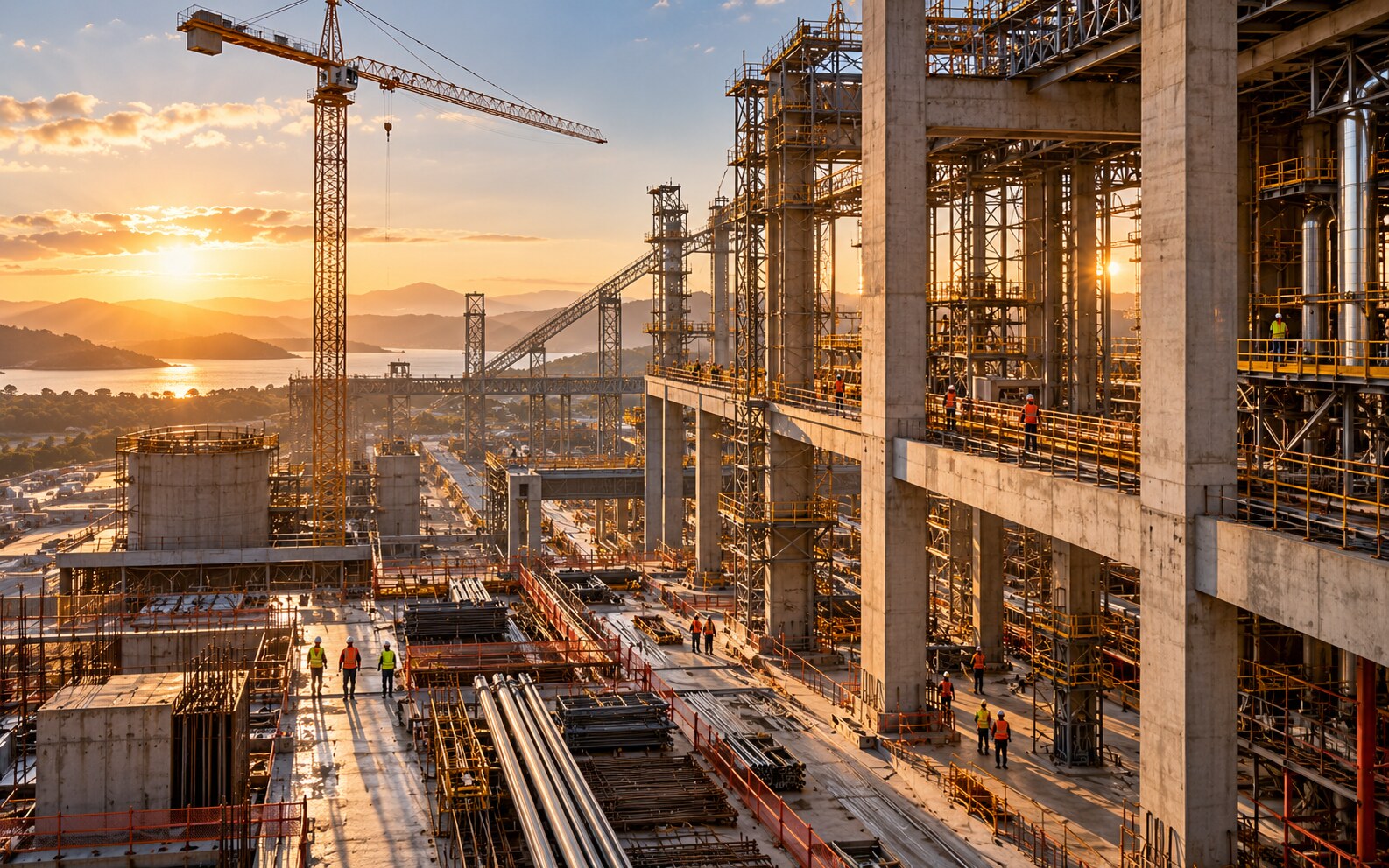 Obra de grande porte com estrutura de aço e concreto.