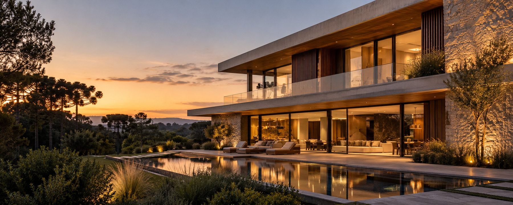 Residência contemporânea ao entardecer — imagem conceitual